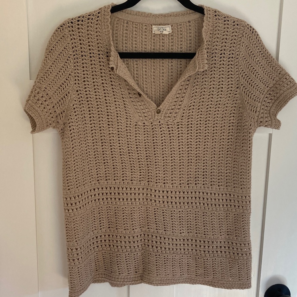 Fat Face Beige Crochet Short Sleeve   Top